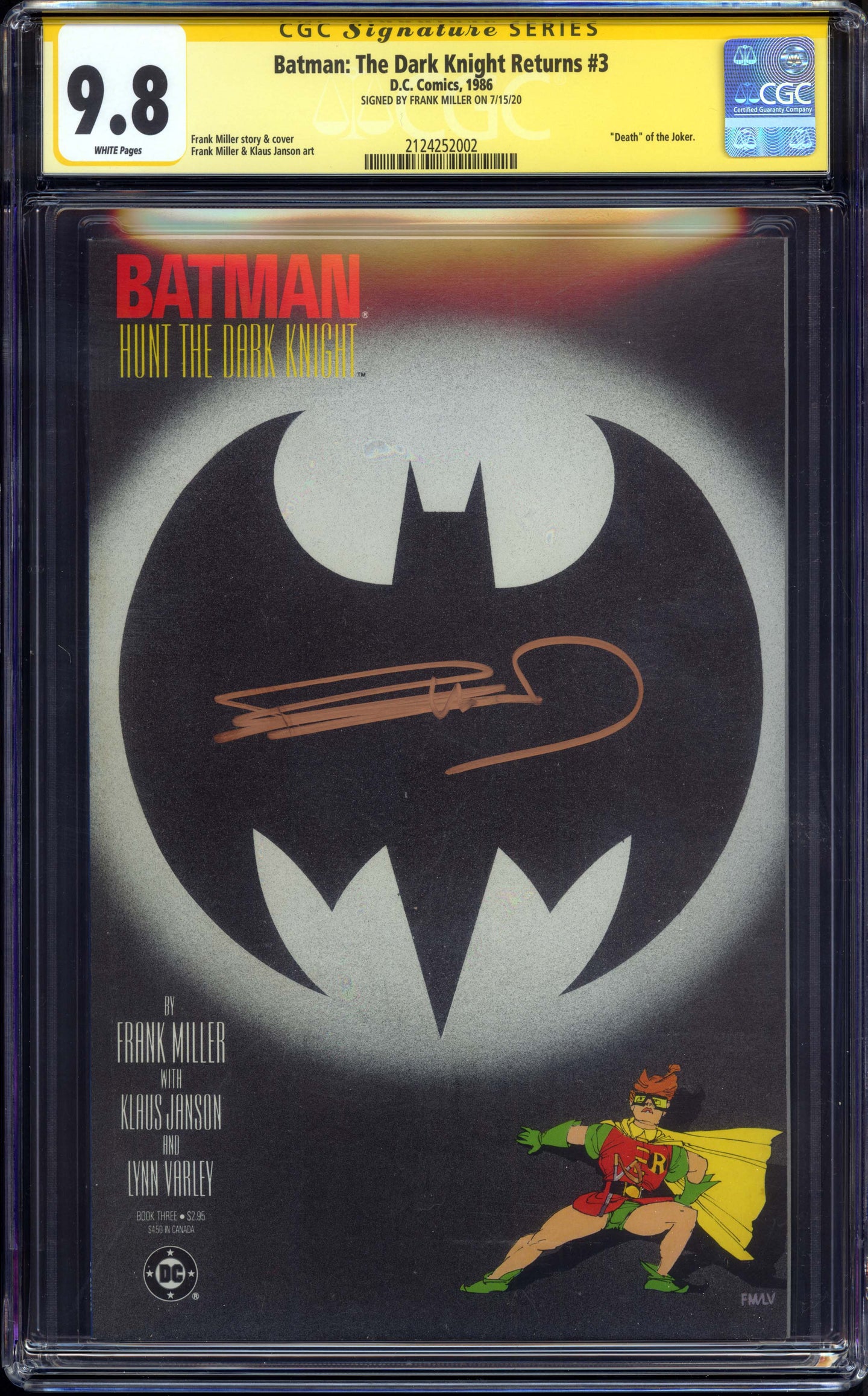 DC Comics Batman The Dark Knight Returns #3 CGC 9.8 Signature Series Frank Miller